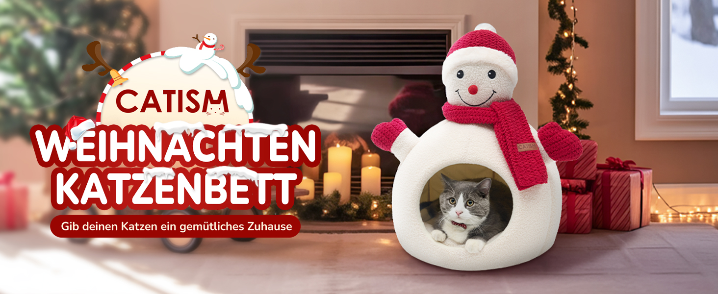 Кігтеточка-будиночок CATISM для котів на Новий Рік, 42x42x55 см, білий, з теплим килимком, знімний будиночок, антиковзаюча поверхня