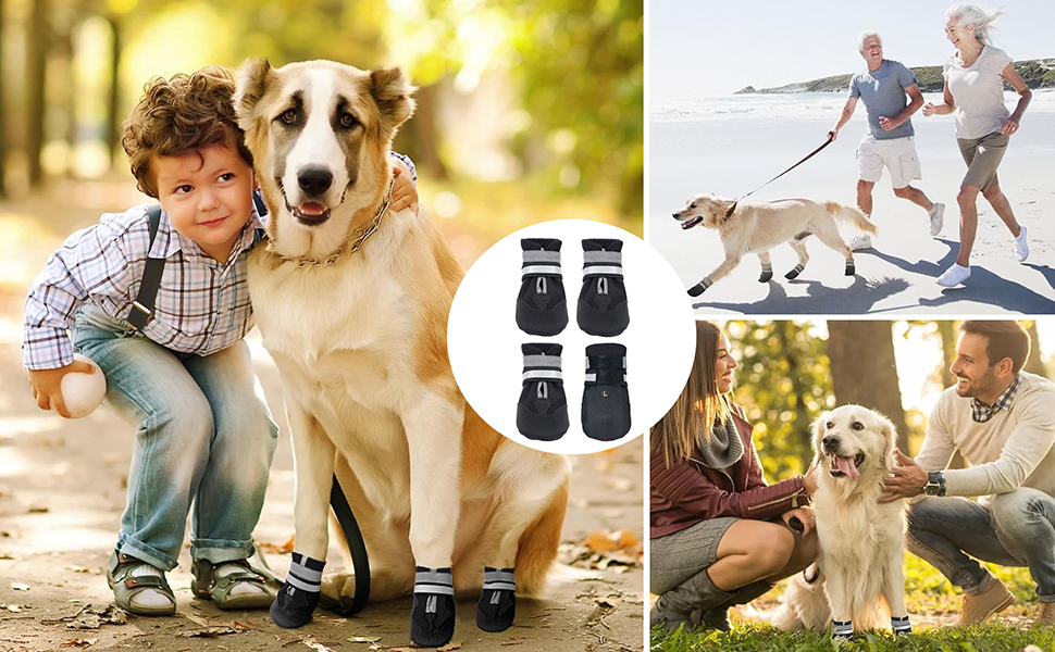 Чоботи для собак AMOMYDOG, 4 шт. Дихаючі, з неслизькою підошвою, регульовані світловідбиваючі застібки-липучки. Підходять для малих, середніх та великих собак (Чорний, L)