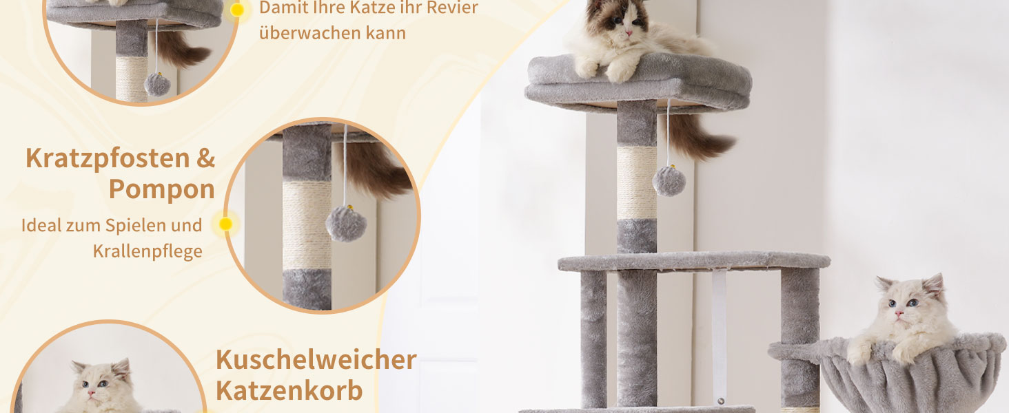 Котячий будиночок Heybly Kratzbaum HCT200SW, 125 см: кігтеточка, будиночок, лежанка, стрибкова платформа, сірий