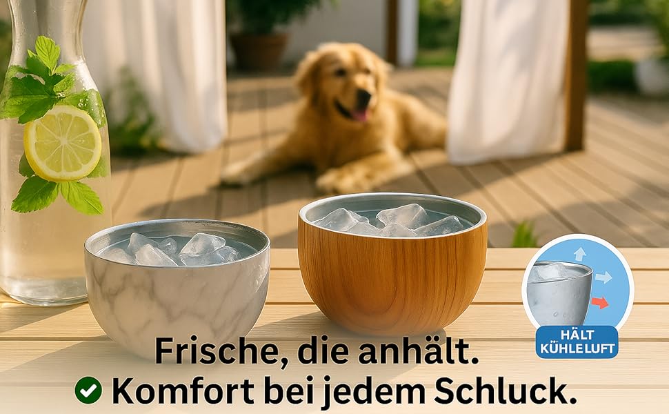 Німецький миска для собак Flamingo з нержавіючої сталі, 700 мл, Ø15,5 см, з подвійними стінками для тривалої свіжості, з антиковзким покриттям, придатна для миття в посудомийній машині, дерев'яна підставка Oase