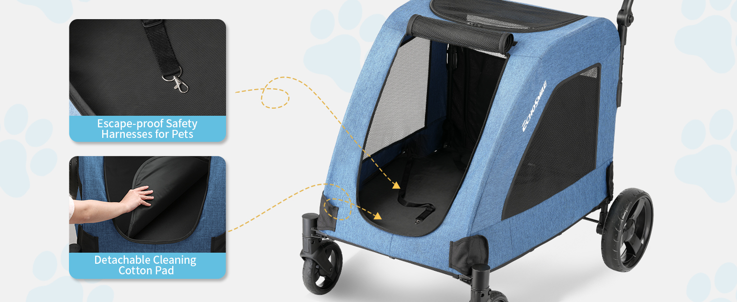 Візок для собак EchoSmile, середній та великий розмір, до 70 кг, складаний, з сітковими вікнами, регульована ручка, 4 проходимі колеса (блакитний)