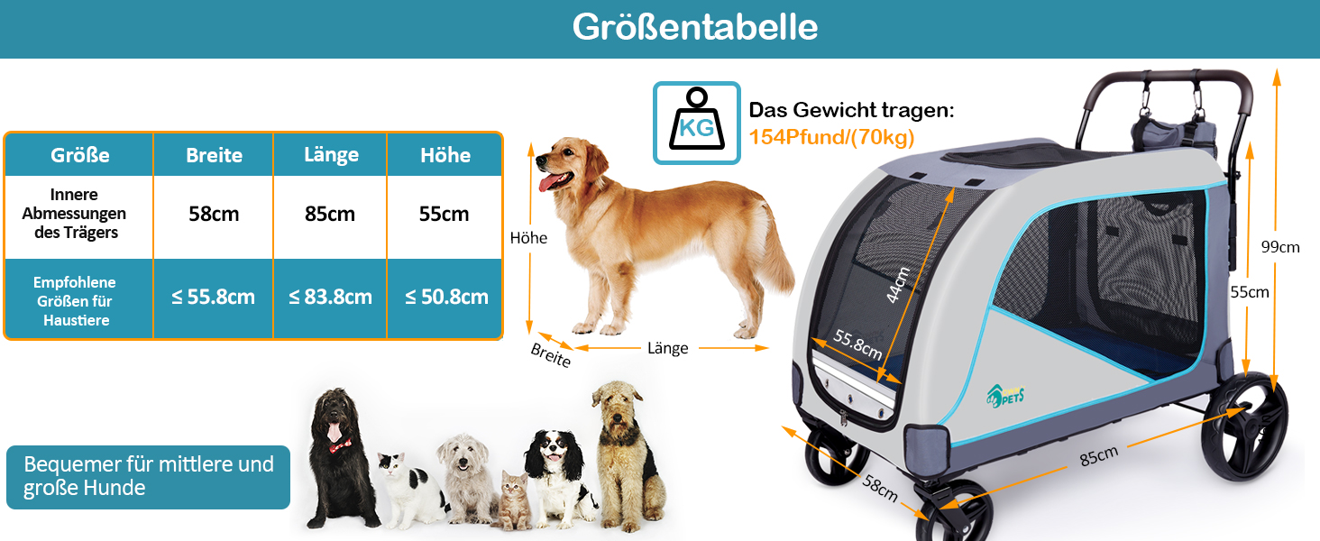 Візок для собак Ownpets XL для великих собак до 70 кг, з місткою сумкою, регульованою ручкою, дихаючим мережем, складний, 4 гумові колеса