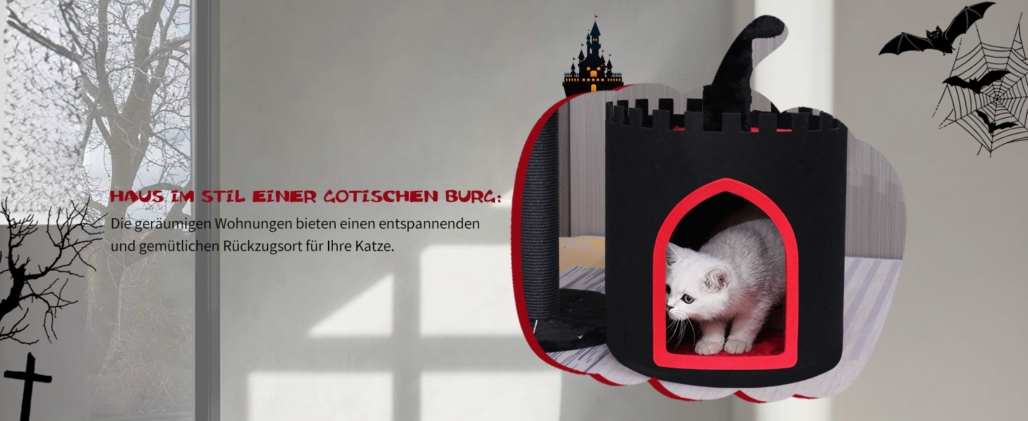 Готичний котячий комплекс з ліжком-саркофагом, чорний котячий оазис для Хелловіну, готичні меблі для котів (компактний)
