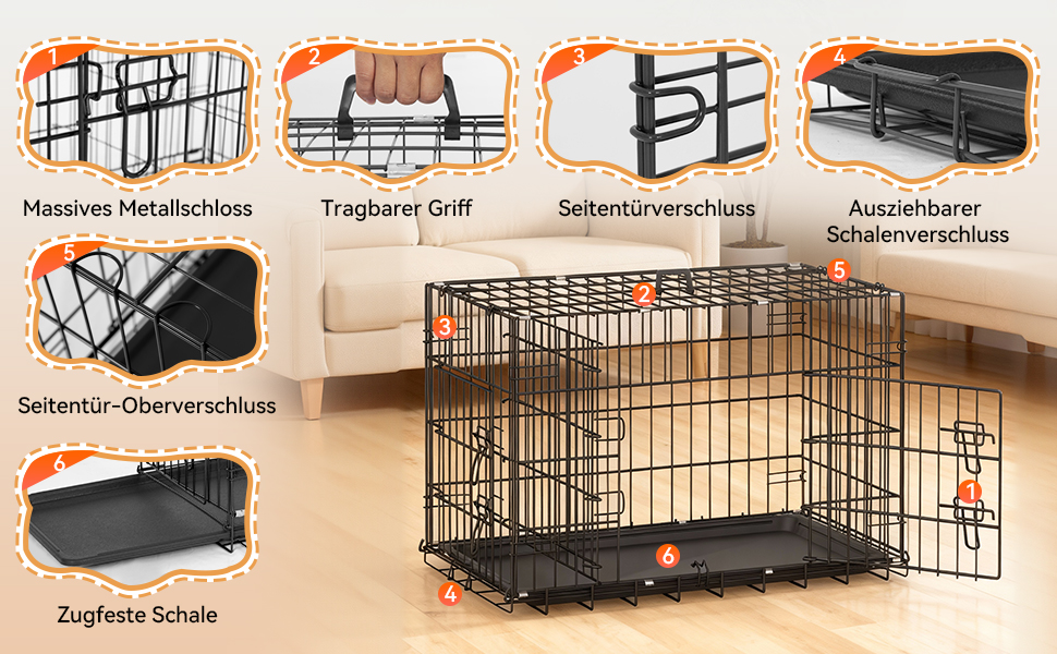 Клітка для собак BestOffice, складана, з 2 дверцятами, висувний піддон, ручка, переноска для собак, 61x42x48 см, S, чорна