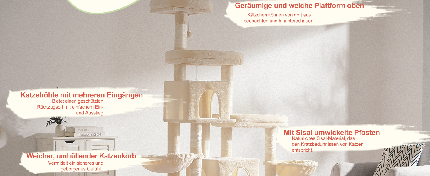 Котячий будиночок Hey-brother XXL для великих котів, 180 см, стабільний, з 3 платформами, 3 печерами та 2 котячими будиночками (Бежевий)