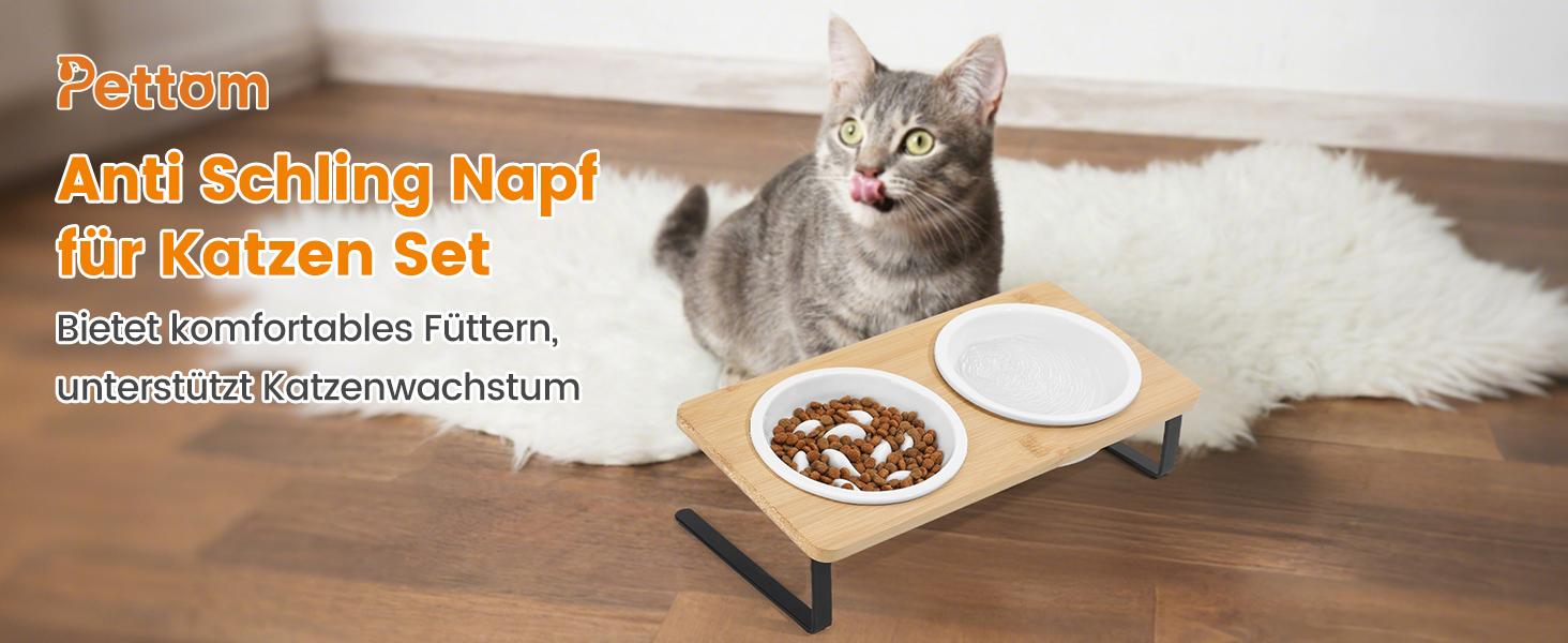 Набір мисок для котів PETTOM Anti-Schling з кераміки: піднята миска з нахилом 15°, бамбукова підставка, протиковзаюча, для вологого та сухого корму