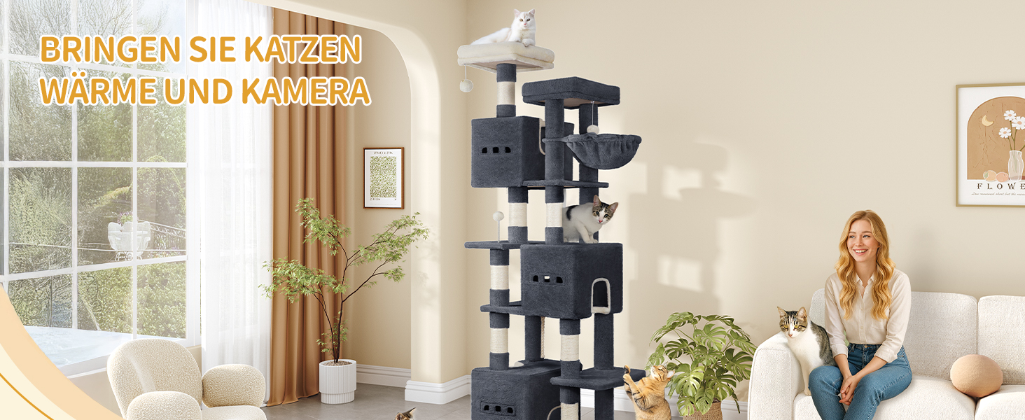 Великий котячий будиночок-кліматизатор, 193 см, XXL, з 7 стовпчиками для шліфування, 3 будиночками, 2 платформами, 2 плюшевими кульками, корзиною, мотузкою для лазіння, багатоповерховий, MS19218LG (темно-сірий)