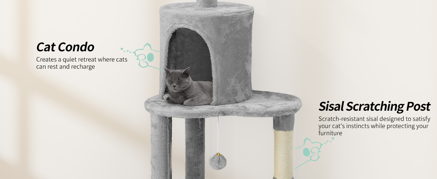 Кігтеточка YITAHOME XXL для котів, 142 см, сірий, з 8 стовпів з сизалю, 3 платформи, 2 печери, гамак, іграшки, кігтешкребок, крізьбаум