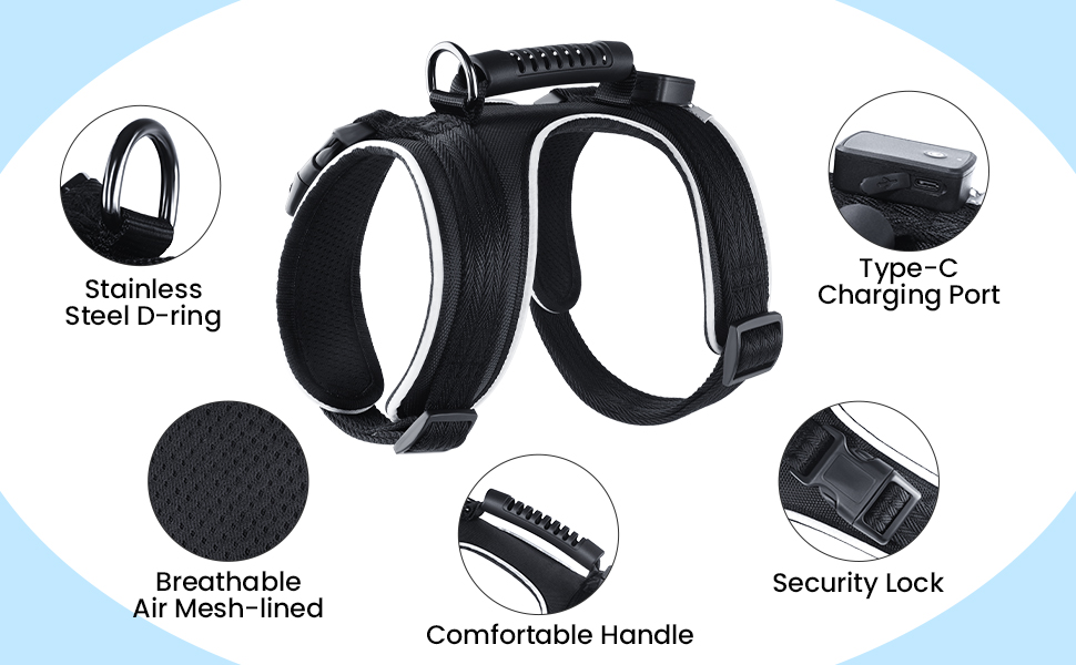 Світлодіодне обіднє нашийник для собак Masbrill, світловідбиваючий, з регулюванням, з ручкою, для малих, середніх та великих собак (Чорний/Червоний, S)