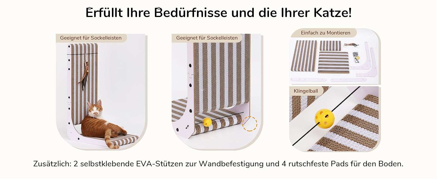 Котячий когтеточка FUKUMARU L-подібної форми, 68 см, з візерунком смуг, з іграшкою, для стіни та кута, з міцного картону
