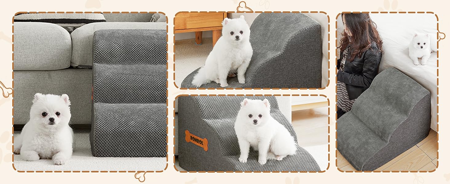 Сходинка для собак та котів Romrol, 3 сходинки, сіра – м'яка, з неслизьким покриттям, для захисту суглобів