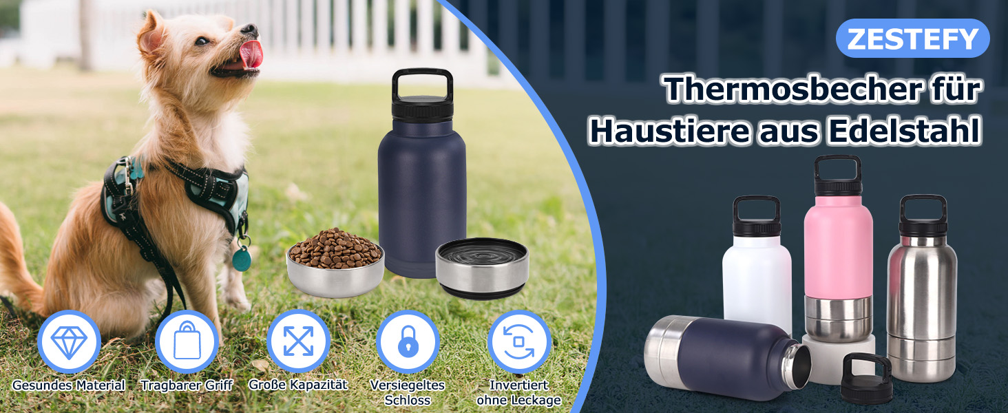 Фляга для собак на прогулянку 1000мл 3-в-1 з мисками для води та корму, ізольована сталева фляга для собак, темно-синій, 7 дюймів