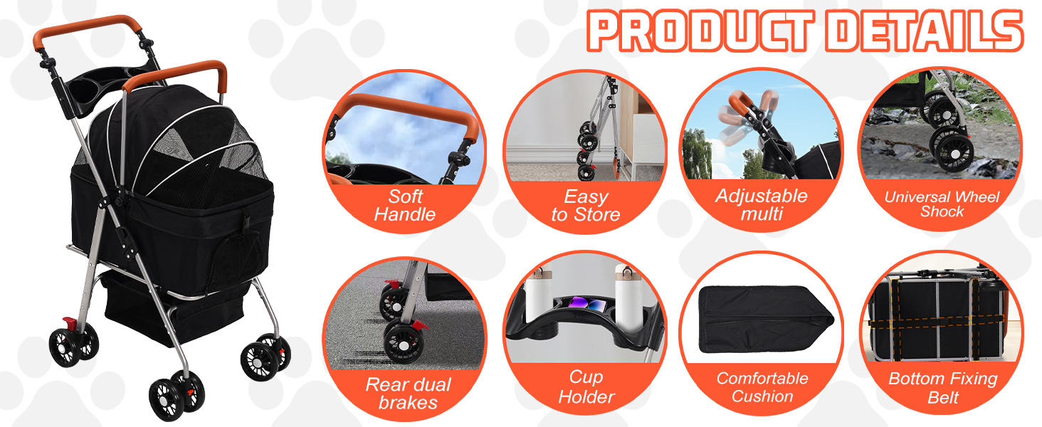 Візок для собак 3 в 1, до 20 кг, складний, з колесами, кошиком, сіткою, тримачем для напоїв, регульованою ручкою, для собак та котів