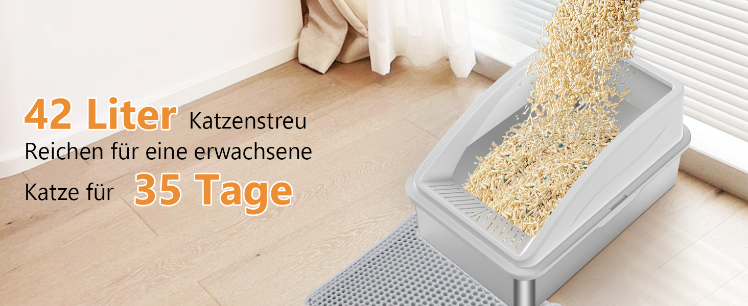 FURTIME Лоток для котів з нержавіючої сталі XXL, 42л, великий об'єм, антивитік, з металевою лопаткою, 60x40x36 см (Сріблясто-сірий)