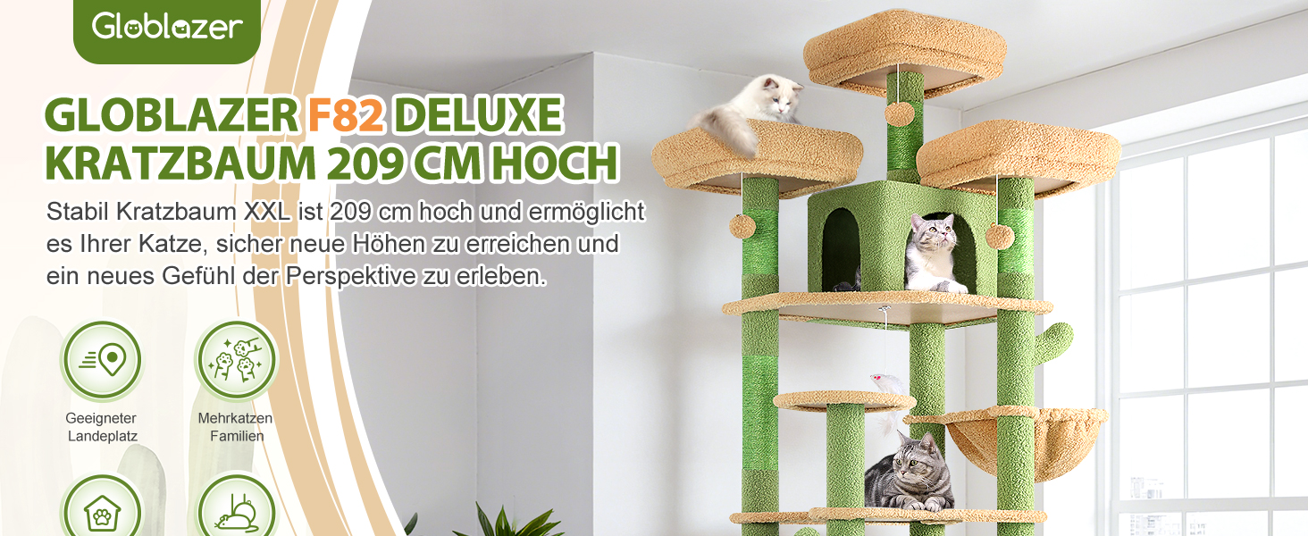 Драбина-кіготь Globlazer XXL, 209 см, з 3 м'якими сидіннями, 2 будиночками, 2 кошиками, великою платформою, іграшками для котів. Стабільна для 3-5 котів.