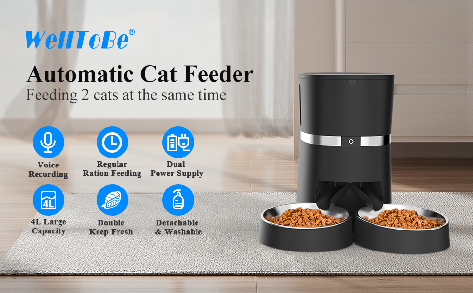 Автоматичний годівниця для котів та собак WellToBe Smart з Wi-Fi, таймером, функцією запису голосу та керуванням через додаток, до 6 прийомів їжі на день (чорний)