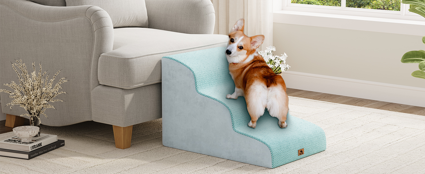 Сходинка для собак маленьких порід, 3 сходинки, 40 см, для дому, антиковзка, для котів та собак, сіра (блакитна)