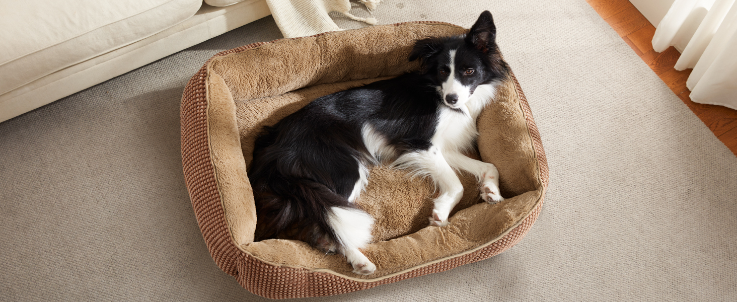 FURTIME Лежанка для собак середнього розміру, кошик для собак, миється, пухнаста, з неслизьким покриттям, заспокоююча лежанка для собак та котів середнього та малого розміру, 63x53x20 см, коричнева