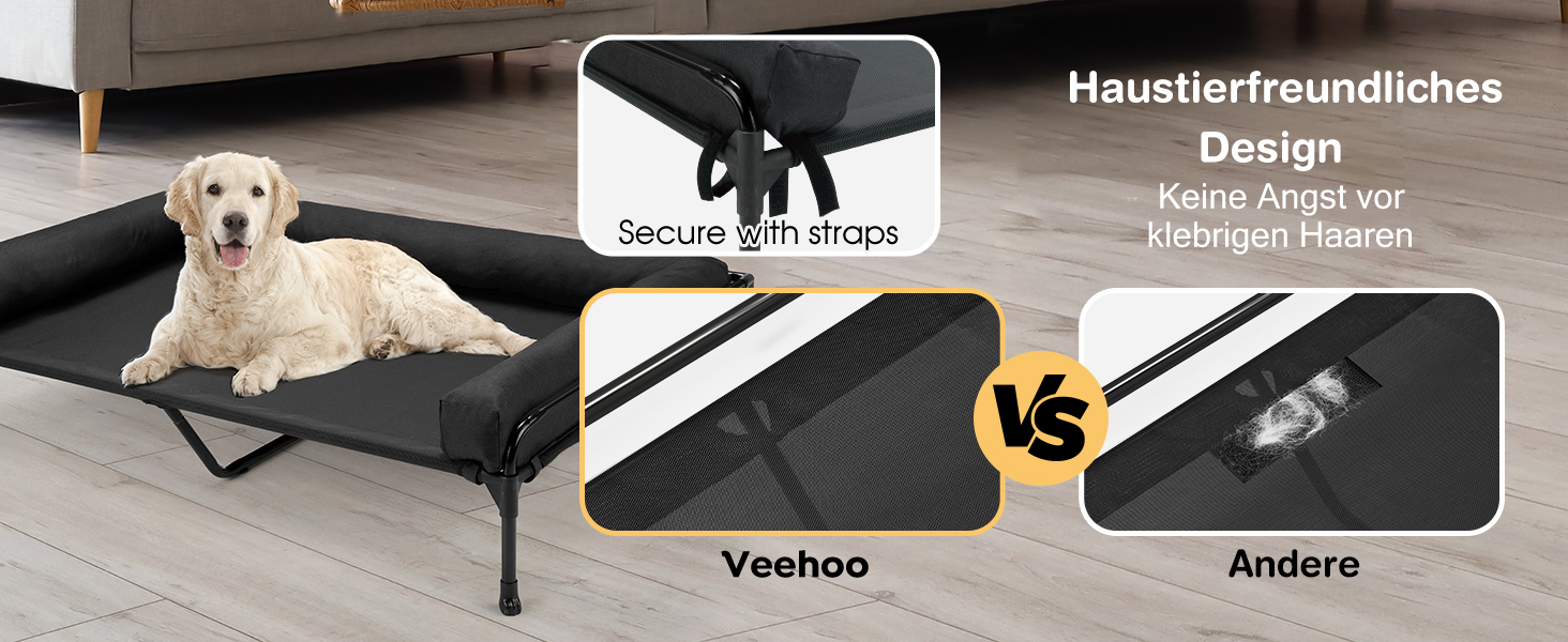 Лежанка для собак Veehoo Outdoor, чорна, 74 x 46 x 18 см. Охолоджуюча, піднята, знімний бордюр, для подорожей, миється.