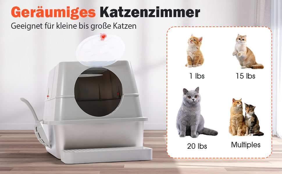 Котів туалет з нержавіючої сталі, з кришкою, для котів різних розмірів, легко чистити, контроль запаху, антипригарне покриття, знімний, 180° відкидна кришка, сірий