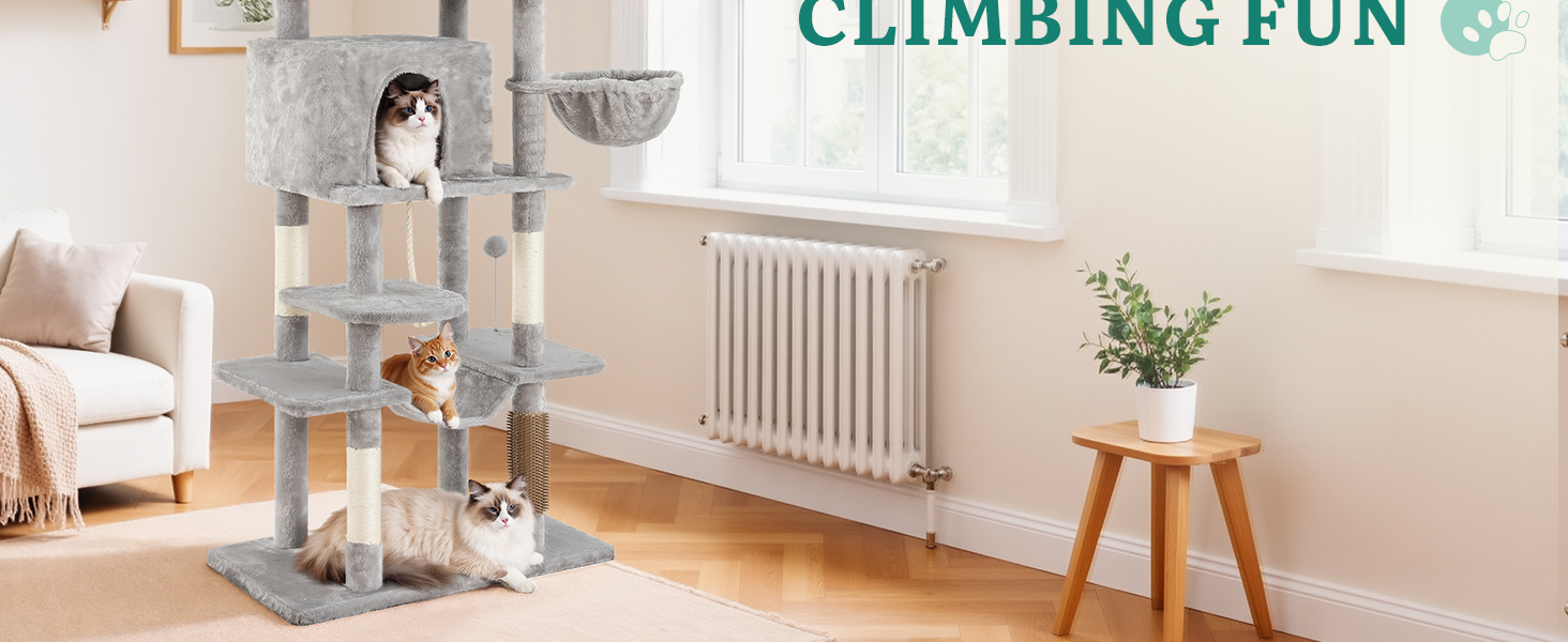 Котячий комплекс YITAHOME для великих котів з дряпалкою, будиночком та платформами, сірий, 157 см