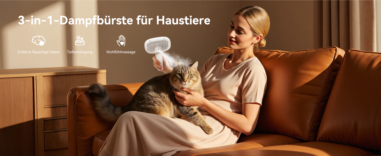 Щітка для котів ROJECO з парою, багатофункціональна, 3-в-1 проти підшерстка та ковтунів, 3 режими розпилення, самоочищення, для довгошерстих та короткошерстих котів та собак, білий колір