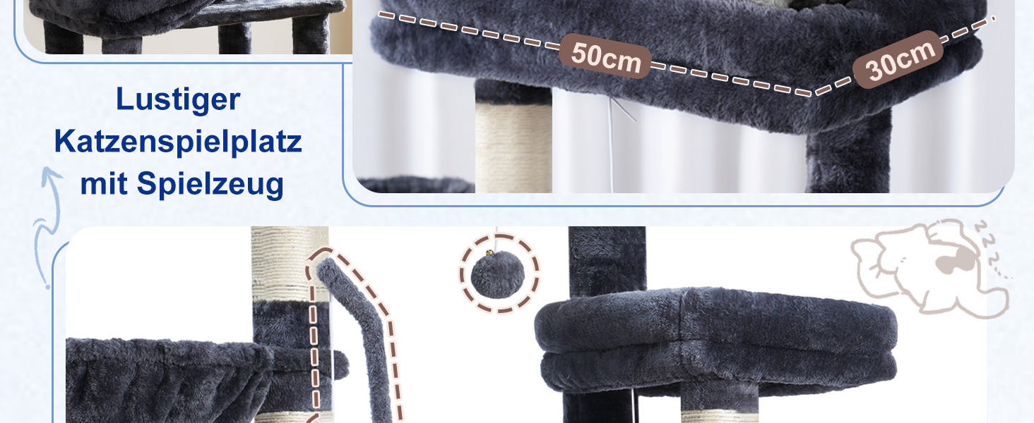 Великий котячий будиночок Kratzbaum GCT031W: 200 см, сірий, з платформами, гамаком та сизалевими стовпчиками для дому