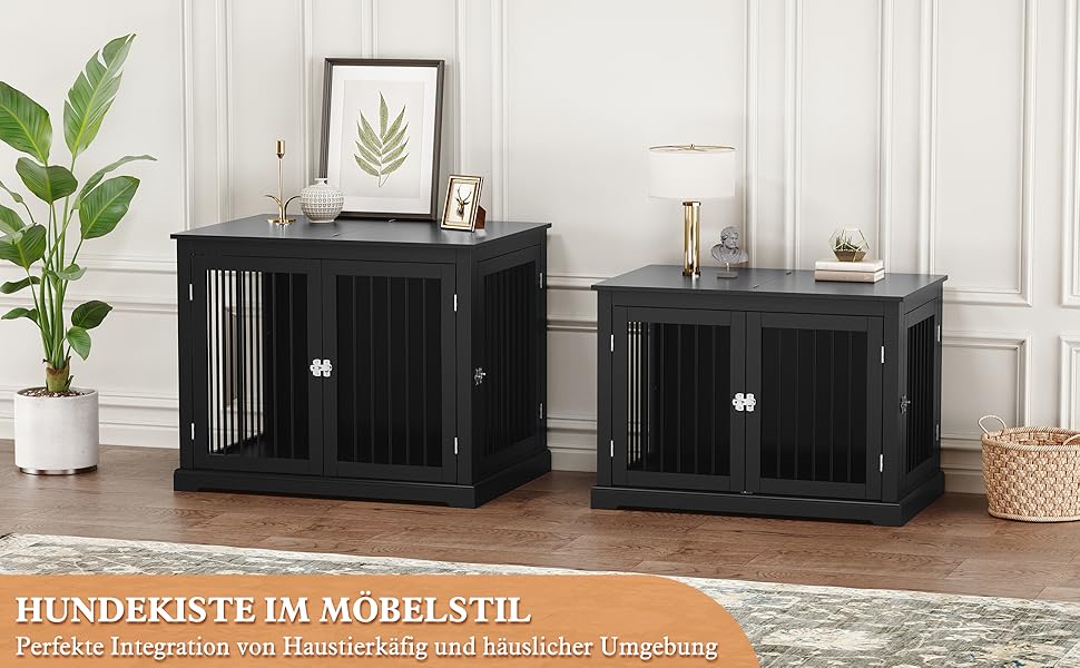 Клітка для собак HOLTICO, чорна, велика (L) з м'яким лежанком, для дому, з відкидним верхом, стильна, міцна