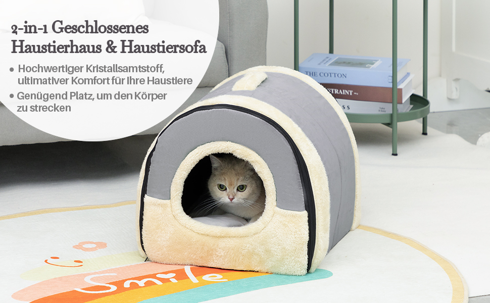 Кішечка Hollypet: ліжко для котів та маленьких собак, 2-в-1, тепле гніздо-печера з кришталевої оксамиту, сірий колір, для дому та вулиці