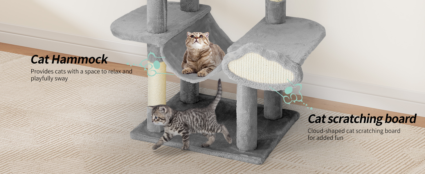 Кігтеточка YITAHOME XXL для котів, 142 см, сірий, з 8 стовпів з сизалю, 3 платформи, 2 печери, гамак, іграшки, кігтешкребок, крізьбаум