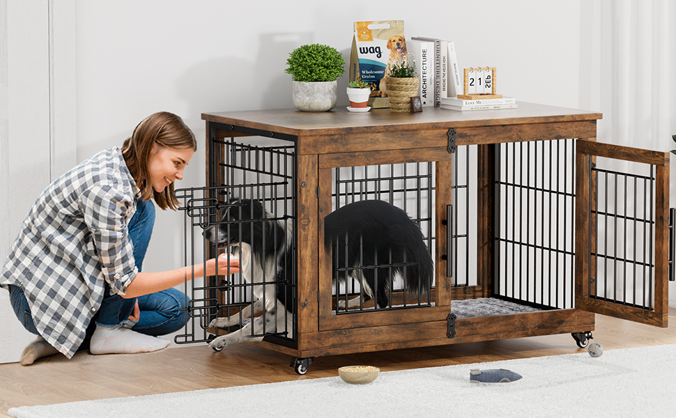 Кіяпа - Будка для собак у дім з подушкою, сучасна будка для собак з двома дверцятами та колесами, для великих собак до 70 кг, 98x64x68 см, (Рустичний коричневий, L)