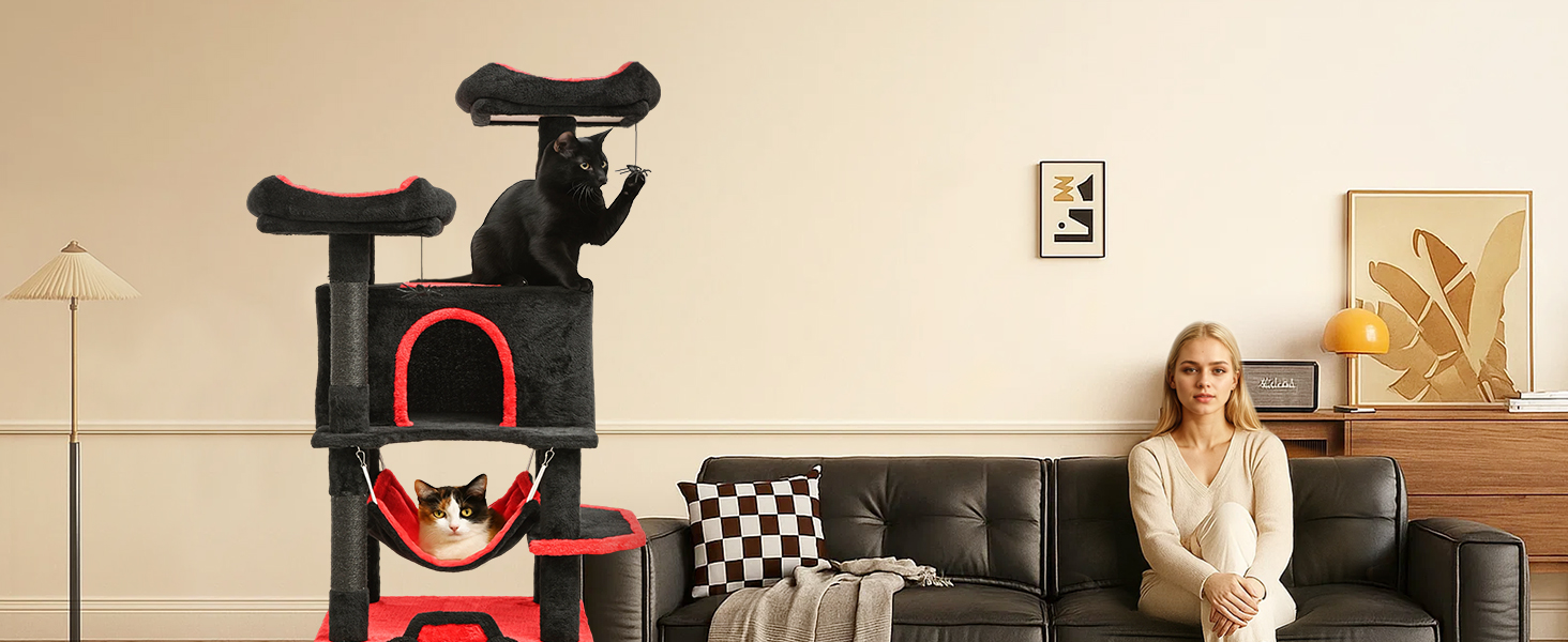 Драматичний котячий комплекс BYBYME в готичному стилі для Хелловін, 158 см, стабільний набір меблів для котів з ліжком, будиночком, гамаком, стовпчиками з сизалю, багатофункціональна котяча ігрова вежа (Чорний/Червоний)