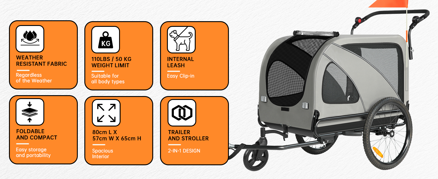2-в-1 Причіп для собак XXL, Фарбований причіп для собак з дахом, Відбивачі та світловідбиваючі смуги, Універсальний з'єднувальний елемент для велосипеда, Регульована ручка-штовхач, Сірий