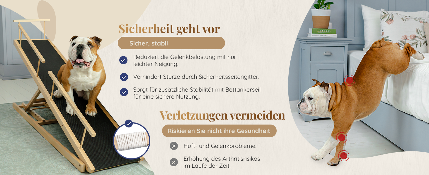 Сходинки для собак PRIORPET з берези з захисним бар'єром - регульована висота до 94.5 см - складаються - антиковзні ручки - для маленьких собак до 23 кг - коричневий (натуральний)