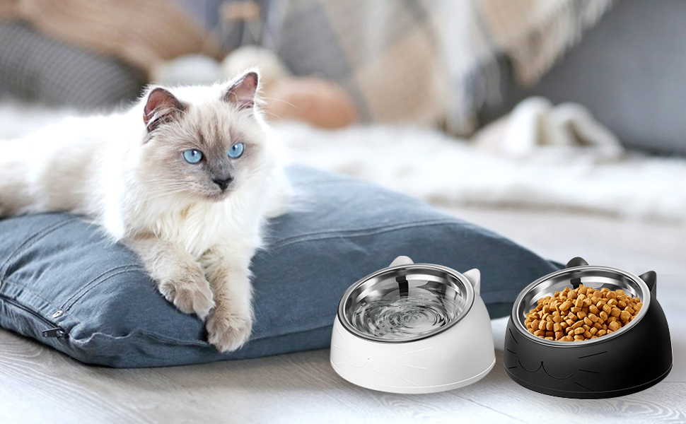 Набір мисок для котів та собак Kathson: похилі, антивитікаючі, для корму, білі та чорні