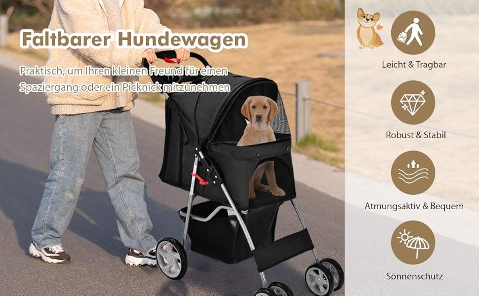 Візок для собак та котів COSTWAY, до 15 кг, з сітчастими віконцями, тримачем для напоїв, кошиком та сонцезахистом, складний, бежевий