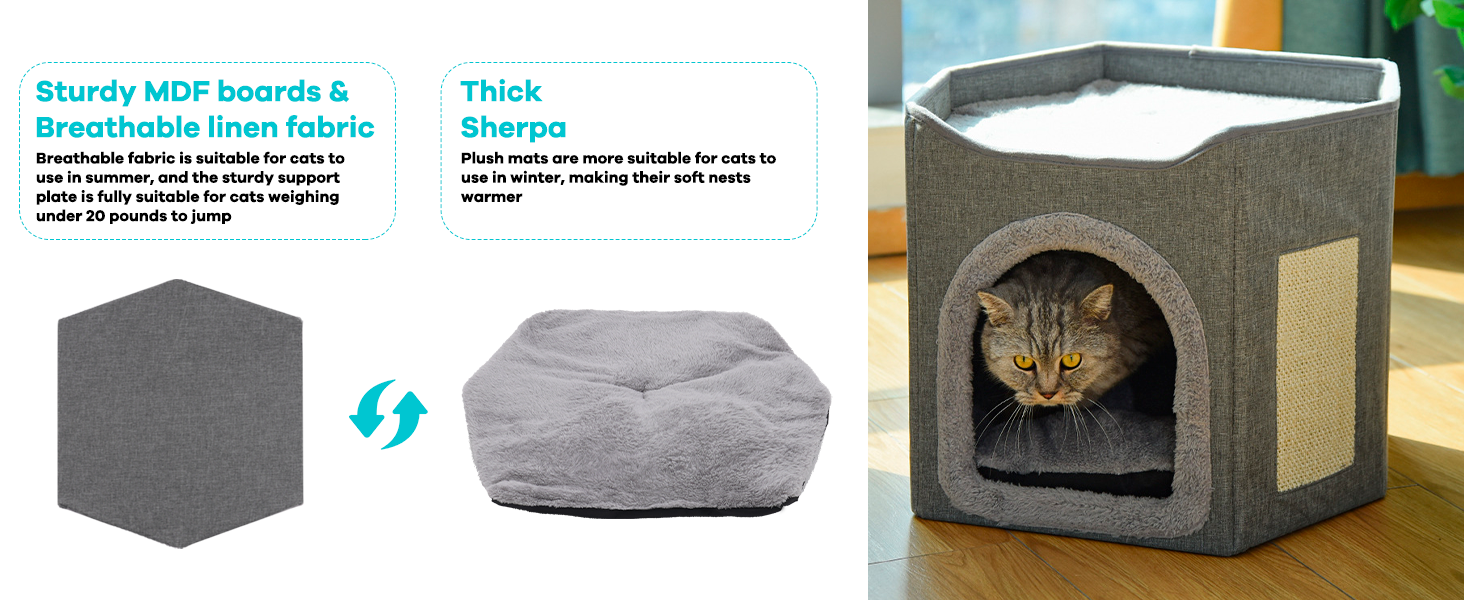 Кіт Будинок для котів у приміщенні, велика кімната для котів з когтеточкою, 2-ярусне ліжко для котів, будинок-печера для маленьких та середніх тварин, сірий