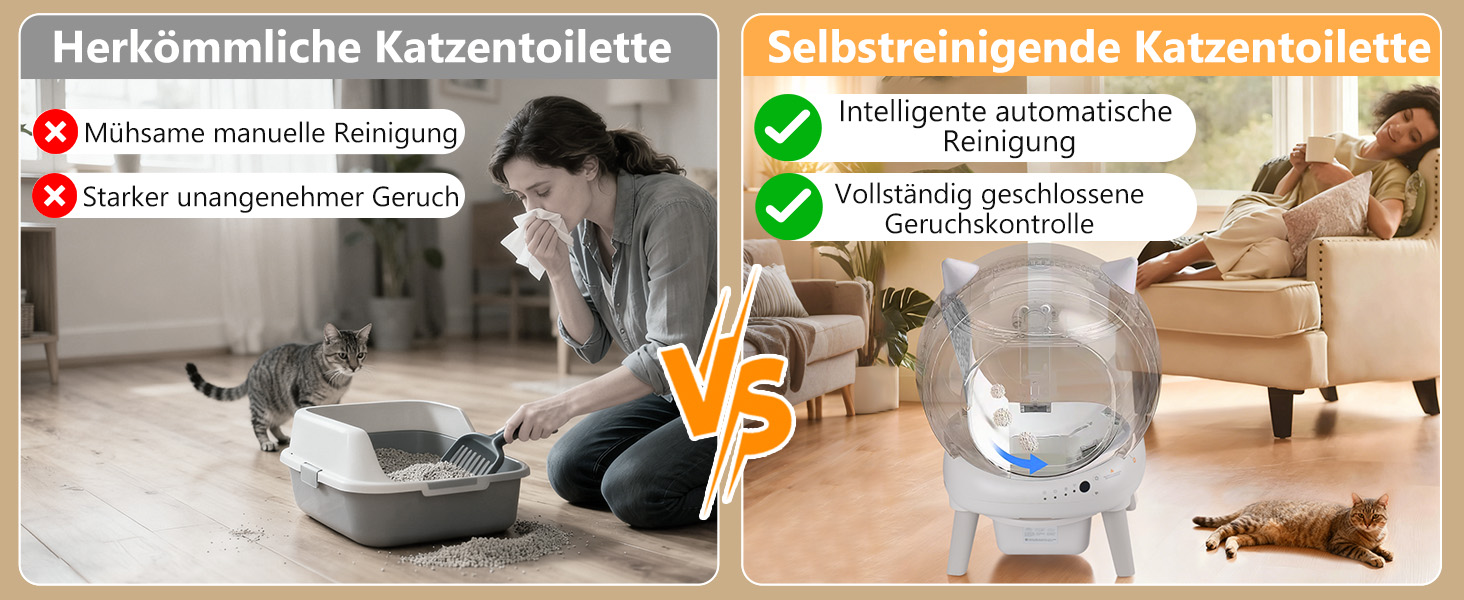 Автоматичний лоток для котів Katzenklo Selbstreinigend 73L з додатком, датчиками безпеки, захистом від запаху та моніторингом здоров'я. Підходить для кількох котів. Коврик для котячого туалету в комплекті. Колір: сірий.