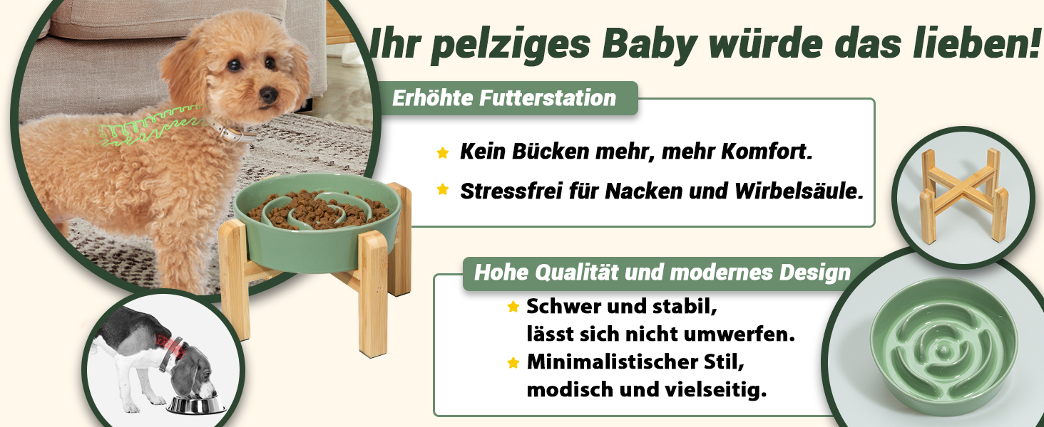 Миска для собак Antischlingnapf Keramik Erhöшена - керамічна миска для собак на бамбуковому підставці - миска для повільного годування - для маленьких та середніх собак - біла - діаметр 17 см