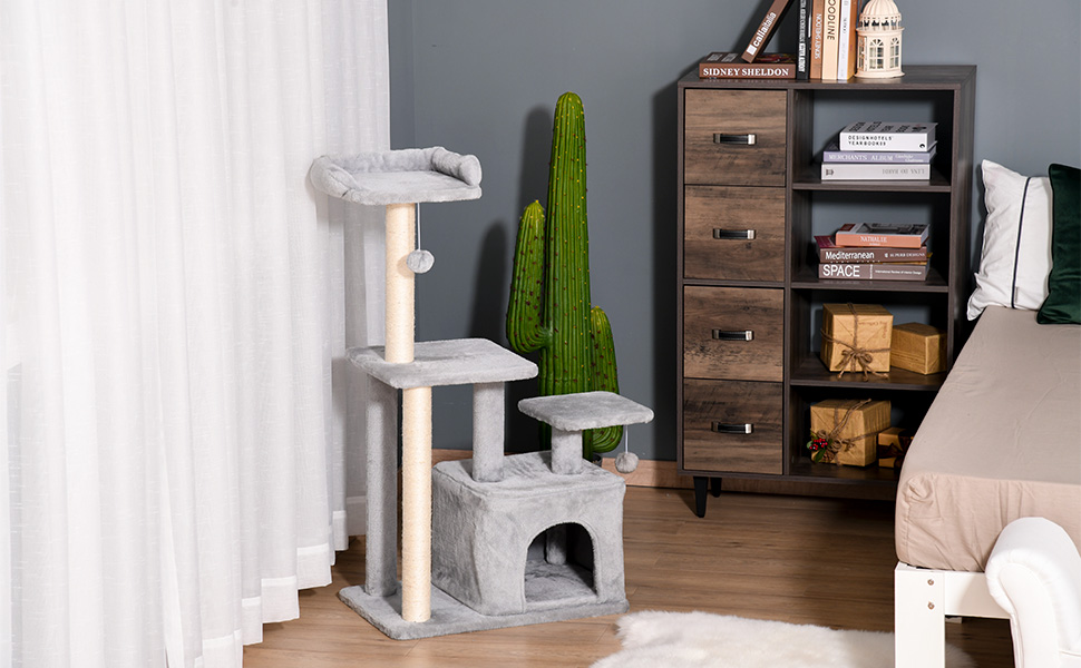 Кігтеточка PawHut для котів, 114 см, з сизалевими стовпами, 3 платформи, будиночок для котів, 2 підвісні м'ячики, сірий
