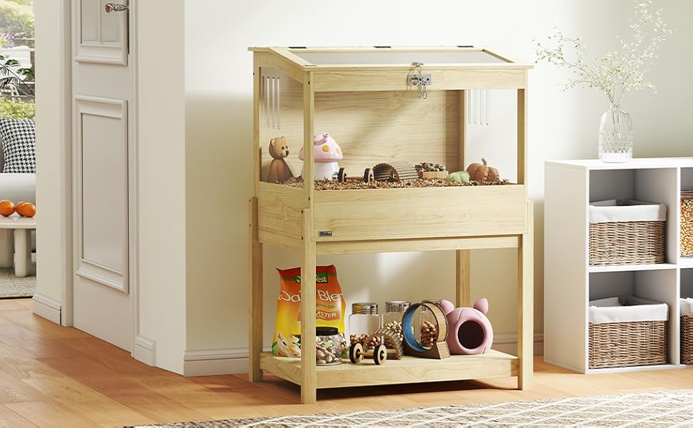 Клітка для хом'яків PawHut 2 поверхи, для дрібних тварин з відкидним дахом, 83,2 x 50 x 103 см, натуральне дерево