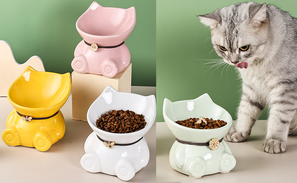 Миска для кота Disoza, піднята, кераміка, зелена, 14.8x14.6x14.3 см, миска у формі кота, для годування, сумісна з посудомийною машиною