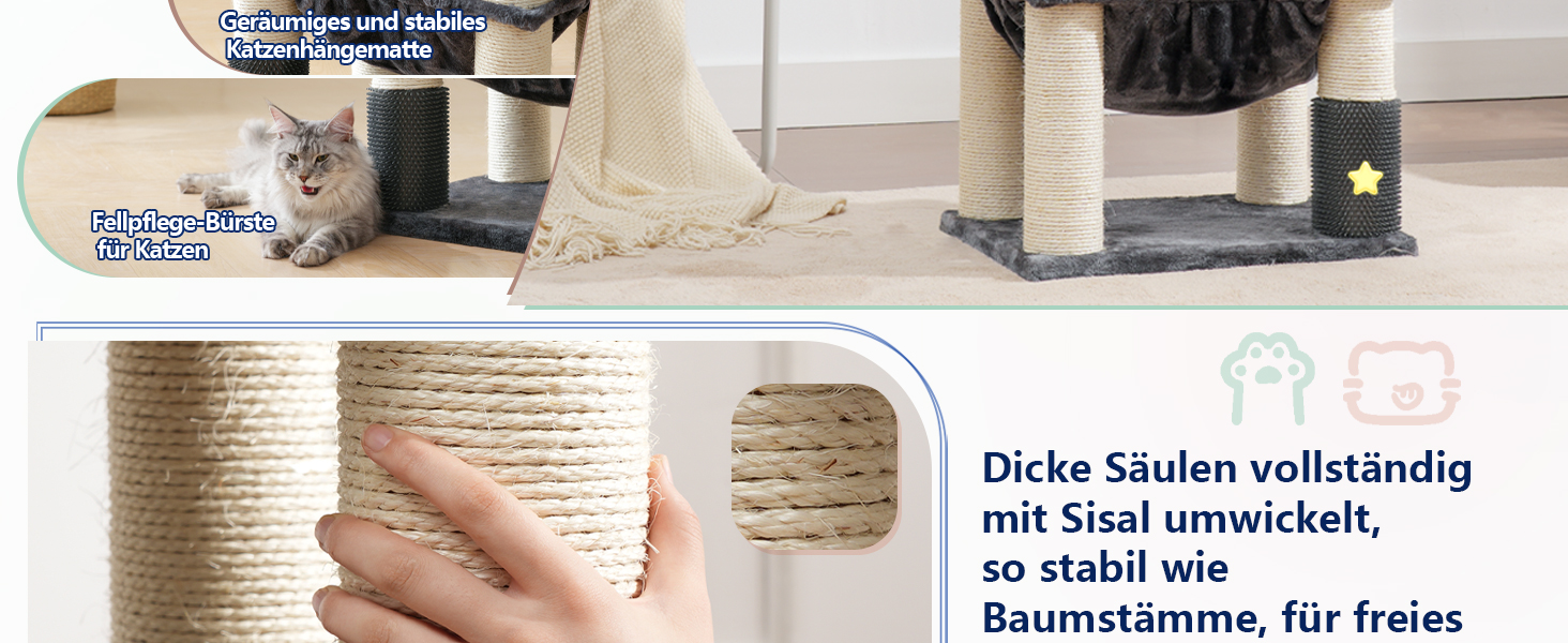 Кігтеточка XXL для мейн-куна, 168 см, з гамаком, сизаловим стовпом (φ11 см), коморою, корзиною, 2 платформами, EMPJ01M (димно-сірий)