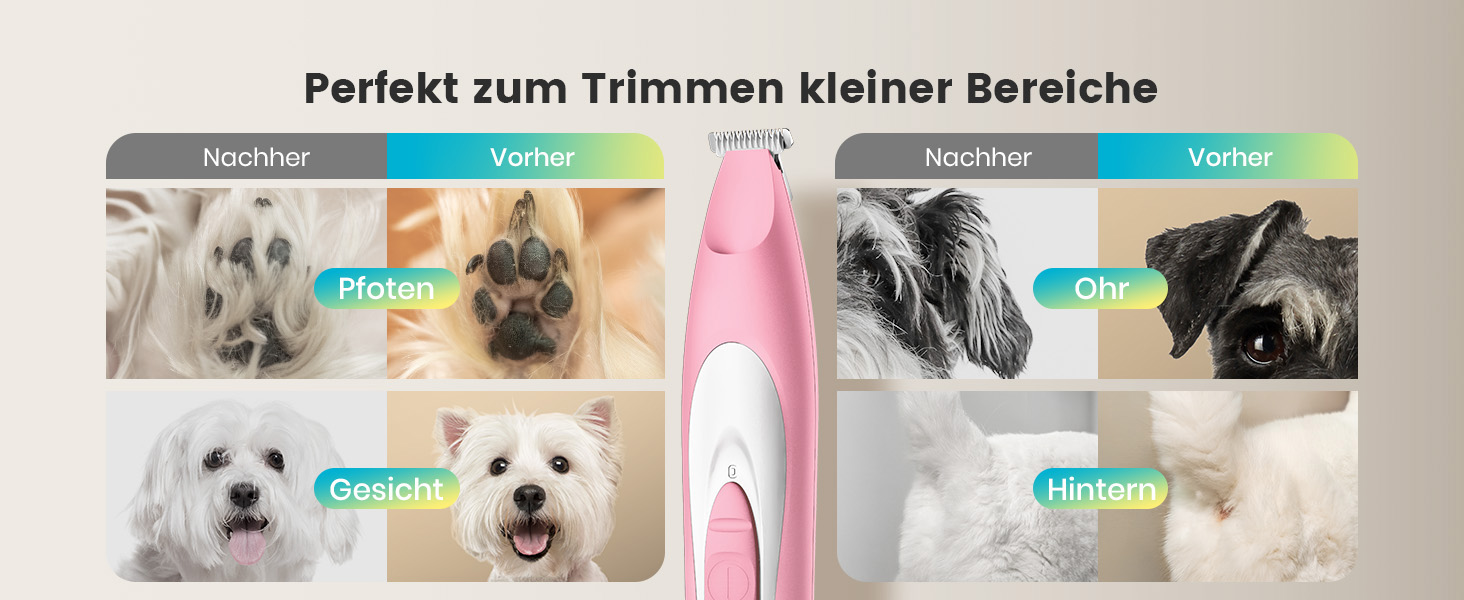 Триммер для собак Oneisall: безшумний, акумуляторний, з LED-підсвічуванням для догляду за лапами, очима, вухами та обличчям (зелений, рожевий)