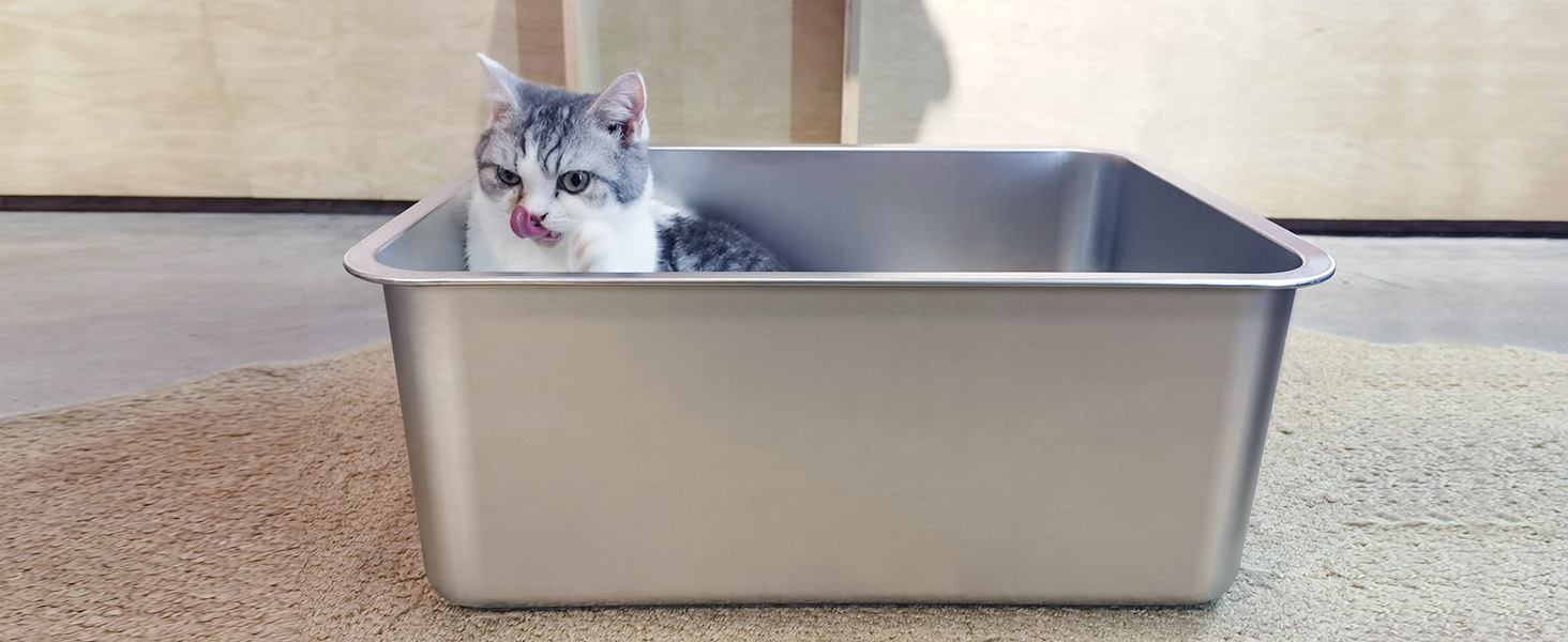 IKITCHEN Великий лоток для котів з нержавіючої сталі (50x35x20 см), туалет для котів та кроликів, без запаху, без плям, антикорозійний, з гладкою поверхнею, з антиковзким гумовим дном, срібний