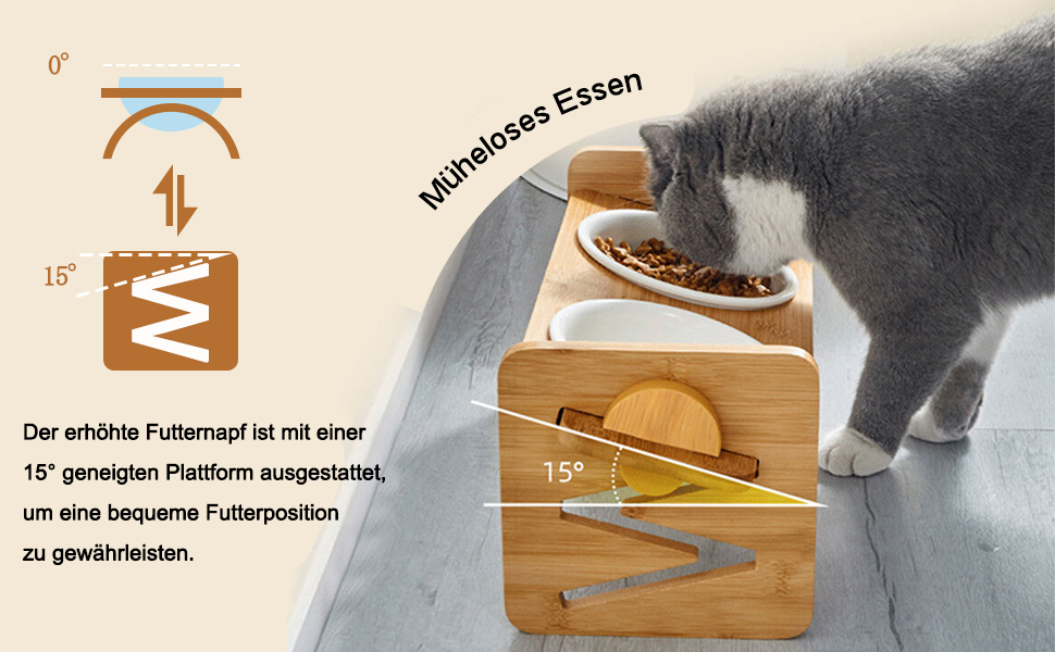 Підвищуюча миска для корму для собак та котів з кераміки з бамбуковим підставкою, нахилена платформа для котів та маленьких собак 36*14.2