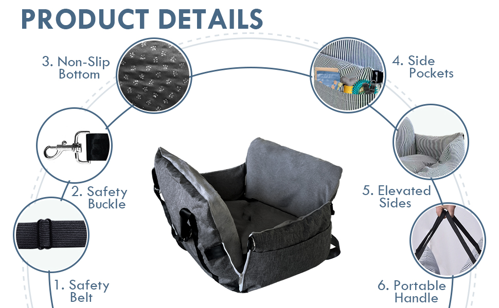 Автокрісло для собак - Автомобільне крісло для маленьких та середніх собак до 18 кг з ременем безпеки та кишенями для зберігання, антиковзаюча підставка (Смужка в морському стилі) (Сірий, 76.2 x 52 см)