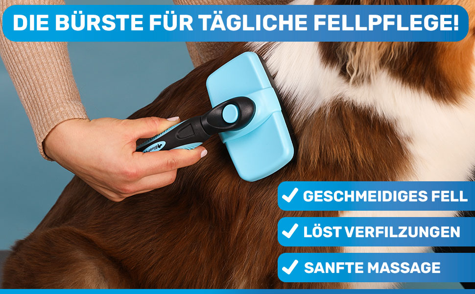 Щітка для собак та котів BluePet для довгої шерсті 2.0: видаляє підшерсток, ковтуни та вузли. З кнопкою для очищення. Для щоденного використання (Блакитна)