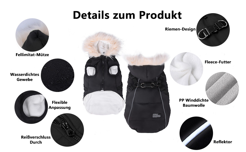 Теплий зимовий одяг для собак: курка з начосом, світловідбиваючими смугами та двома D-кільцями. Розмір M, чорний колір.