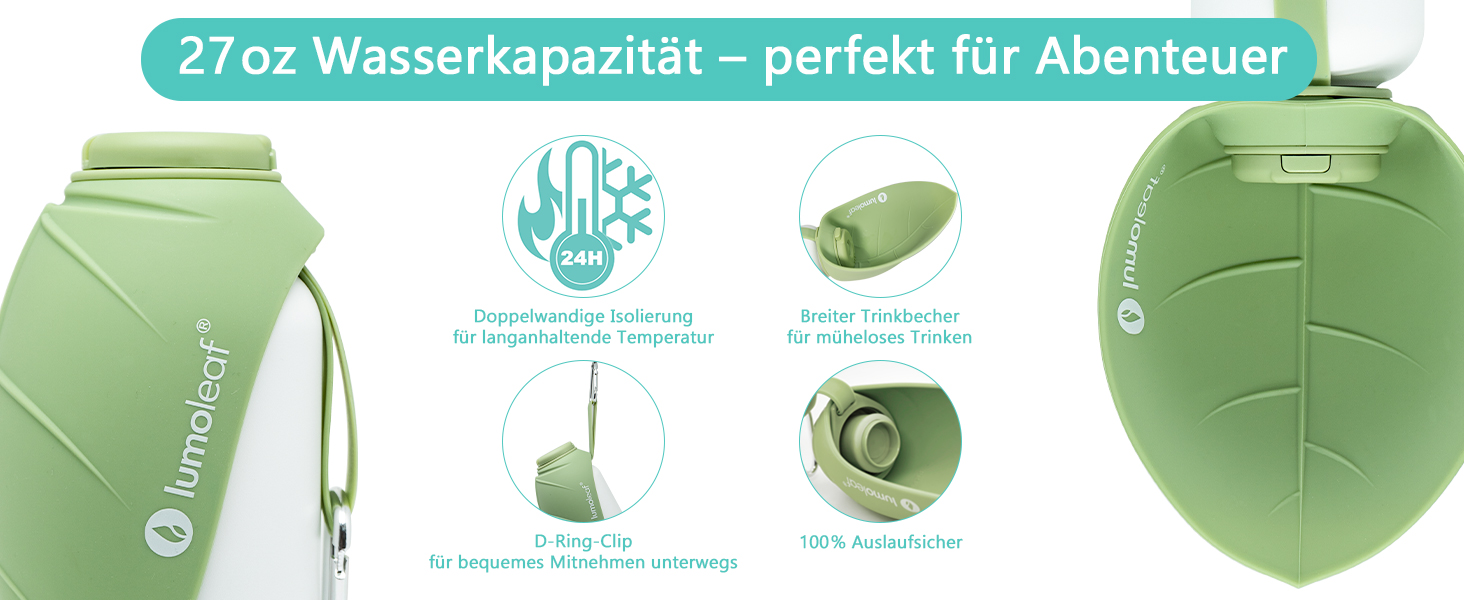 LumoLeaf Ізольована термофляга для собак, 800 мл - Зберігає воду холодною або теплою годинами, міцна та портативна для подорожей, широке горлечко для зручного наповнення та миття (Зелена, 800 мл)
